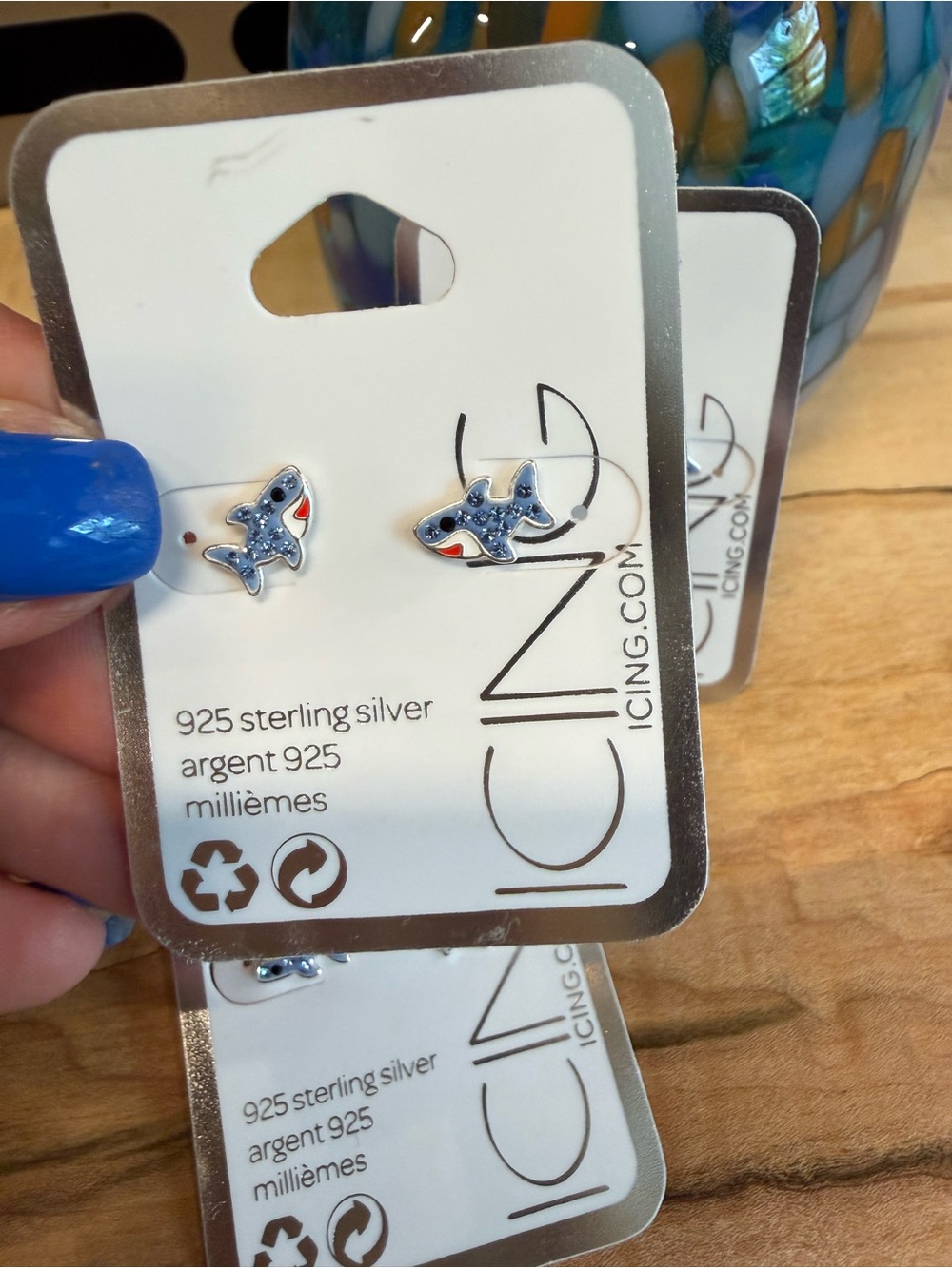 Icing Sterling Silver Shark Stud Earrings with Blue and White Enamel - Picture 2 of 3